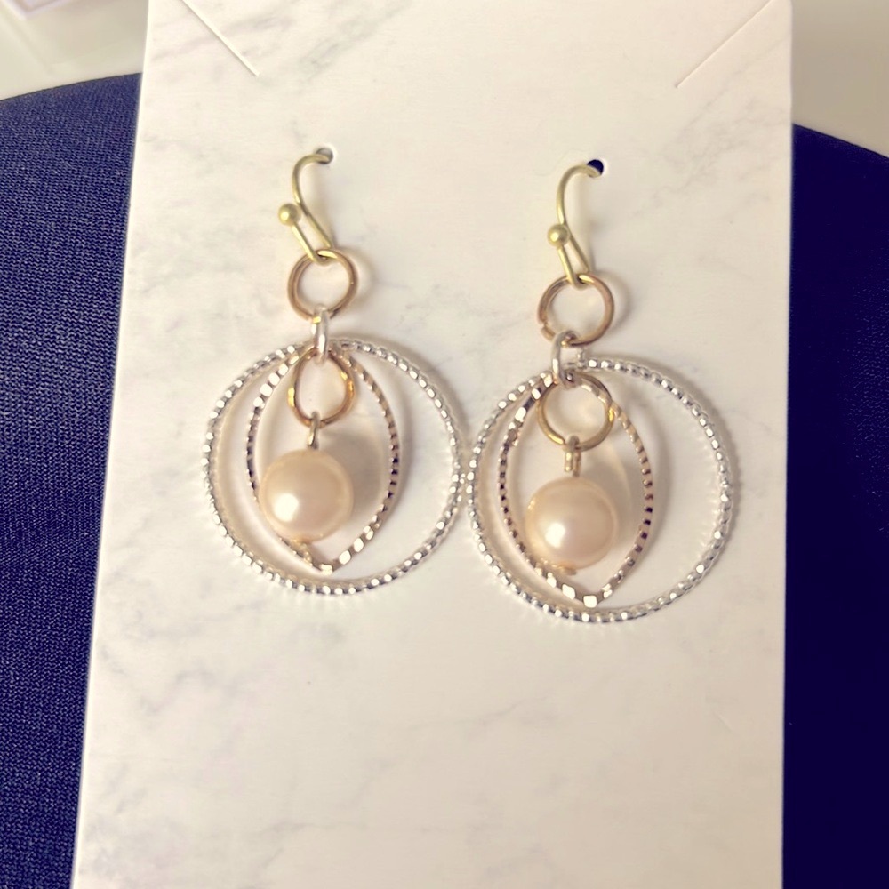 Silver Gold  8mm Beige Pearl Dangle Earrings Vintage Authentic Hook Earrings